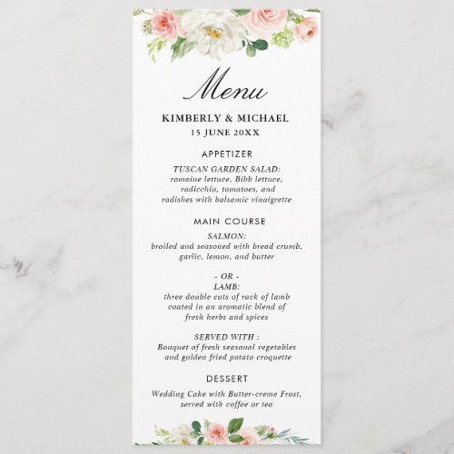 pink blush floral wedding menu