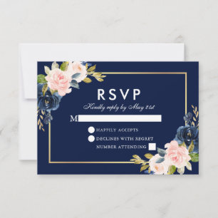 Pink Blush Floral Wedding RSVP Blue Gold Card