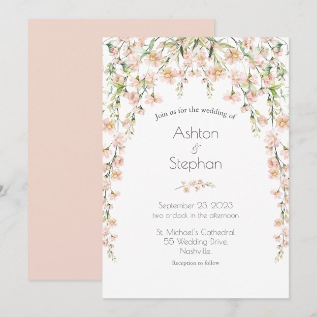 Pink Blush Floral Wildflowers Elegant Wedding Invitation (Front/Back)