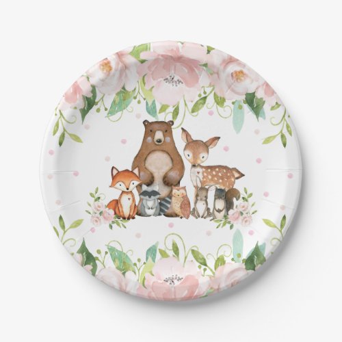 Pink Blush Floral Woodland Animals 1st Birthday Paper Plates