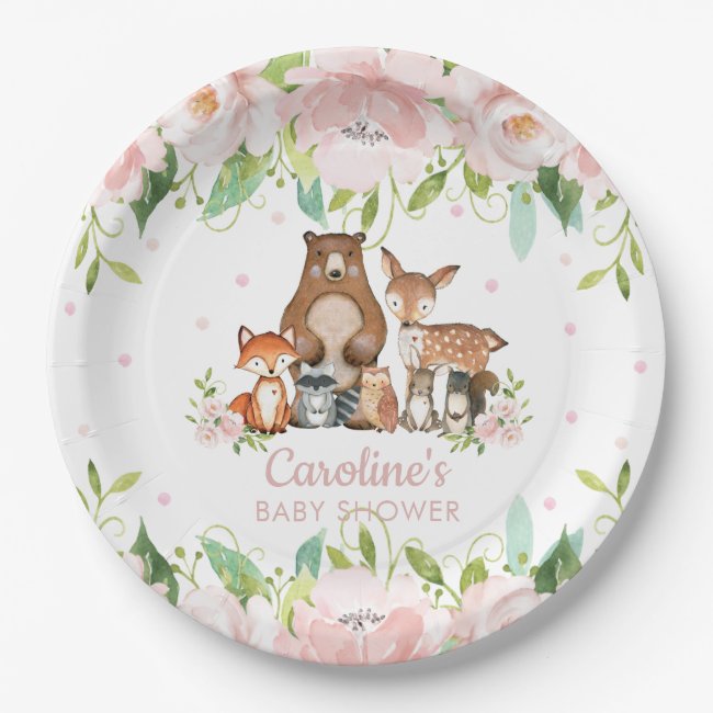 Pink Blush Floral Woodland Animals Baby Shower Paper Plate