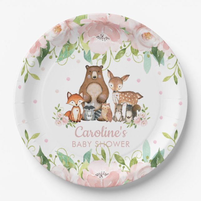 Pink Blush Floral Woodland Animals Baby Shower Paper Plates (Front)