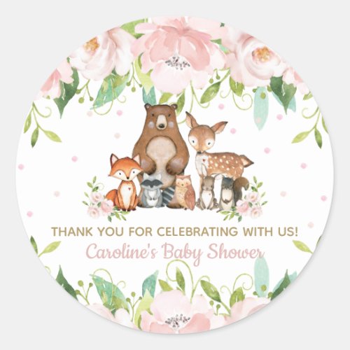 Pink Blush Floral Woodland Animals Thank You Favor Classic Round Sticker
