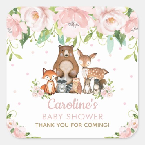 Pink Blush Floral Woodland Animals Thank You Favor Square Sticker