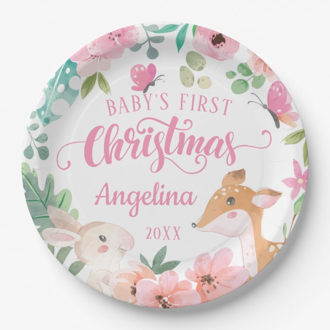Pink Blush Floral Woodland Baby's 1st Christmas Paper Plates (Front)