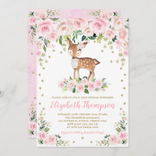 Pink Blush Floral Woodland Deer Baby Girl Shower Invitation