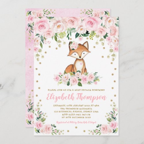 Pink Blush Floral Woodland Fox Baby Girl Shower Invitation
