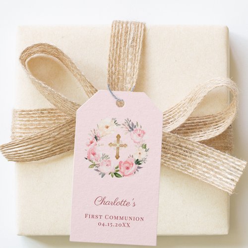 Pink blush floral wreath cross First Communion DIY