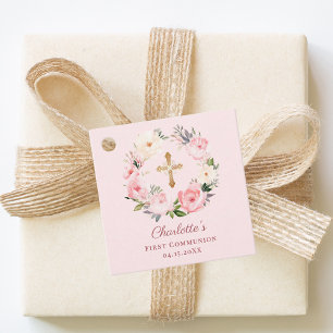 Pink blush floral wreath First Communion DIY Favor Tags