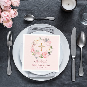 Pink blush floral wreath First Communion luncheon Napkins