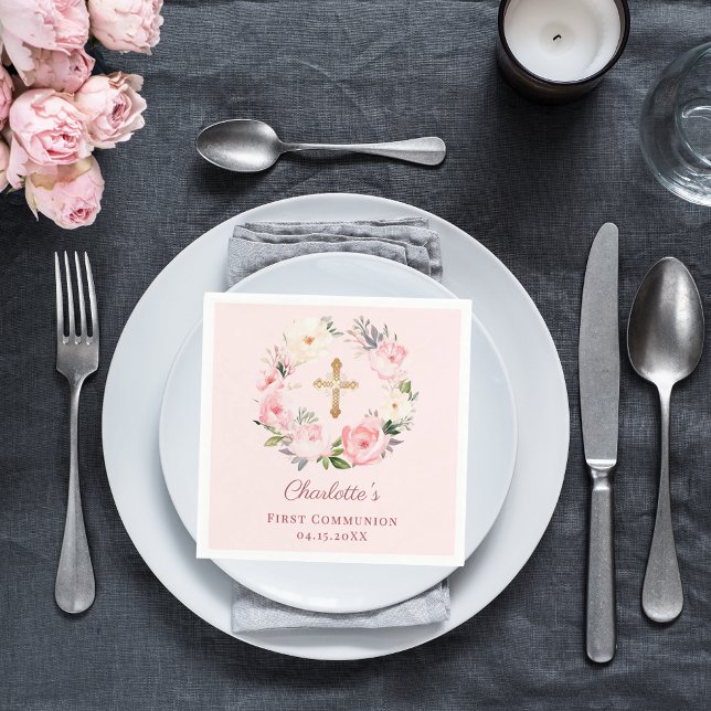 Pink blush floral wreath girl First Communion Napkins (Creator Uploaded)