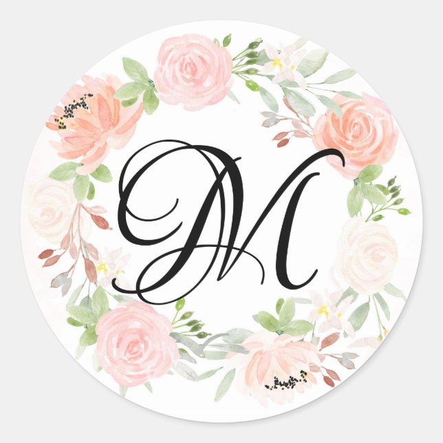 Pink Blush Floral Wreath Monogram Envelope Seal (Front)