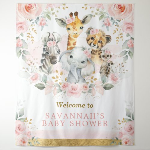 Pink Blush Flower Jungle Animal Baby Girl Welcome Tapestry