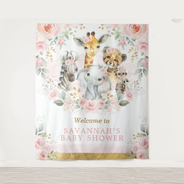 Pink Blush Flower Jungle Animal Baby Girl Welcome Tapestry (Front)