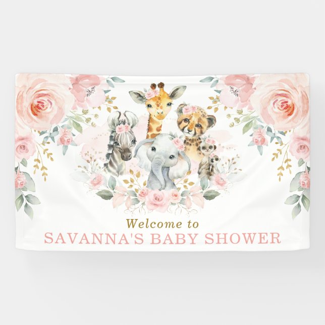 Pink Blush Flower Jungle Safari Baby Girl Welcome Banner (Horizontal)