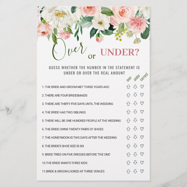 Pink Blush Flower Over Or Under Bridal Shower Game (Front)