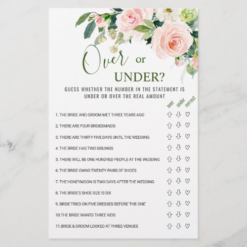 Pink Blush Flower Over Or Under Bridal Shower Game