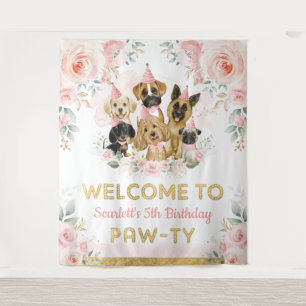 Pink Blush Flower Puppy Dogs Baby Girl Welcome Tapestry