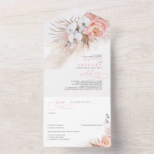 Pink Blush Flowers and Pampas Grass Exotic Wedding All In One Invitation