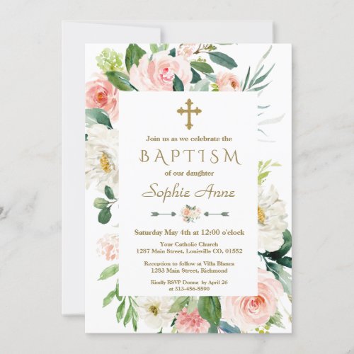 Pink Blush Flowers Bloom Gold Cross Baptism Invitation