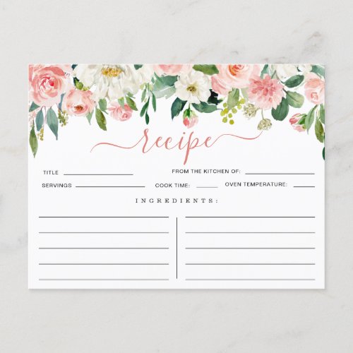 Pink Blush Flowers Bridal Shower Recipe Card