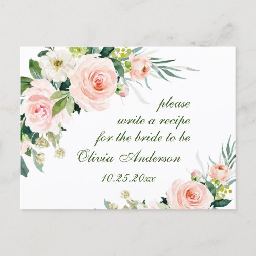 Pink Blush Flowers Bridal Shower Recipe Card