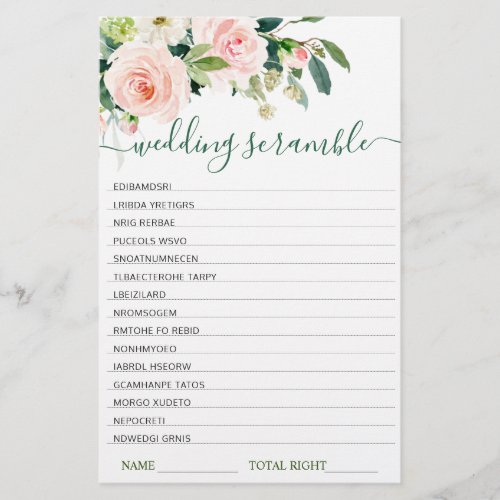 Pink Blush Flowers Bridal Shower Scramble Game