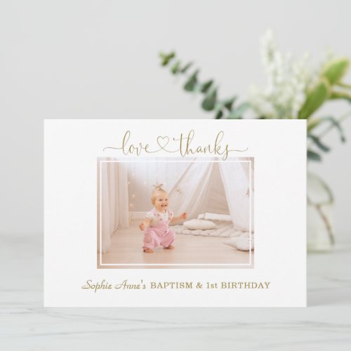 Pink blush Flowers Girl Photo 1st Birthday Baptism Thank You Card