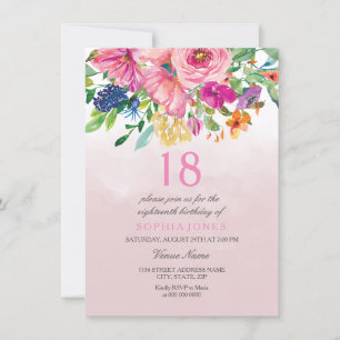Pink Blush Flowers Girls 18th 17th 19th Birthday Invitation