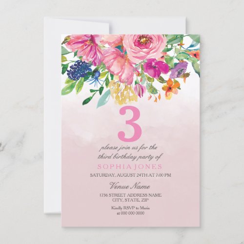 Pink Blush Flowers Girls Childrens Birthday Party Invitation