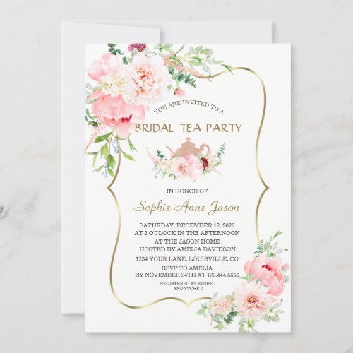 Pink Blush Flowers Gold Bridal Tea Party Invitation