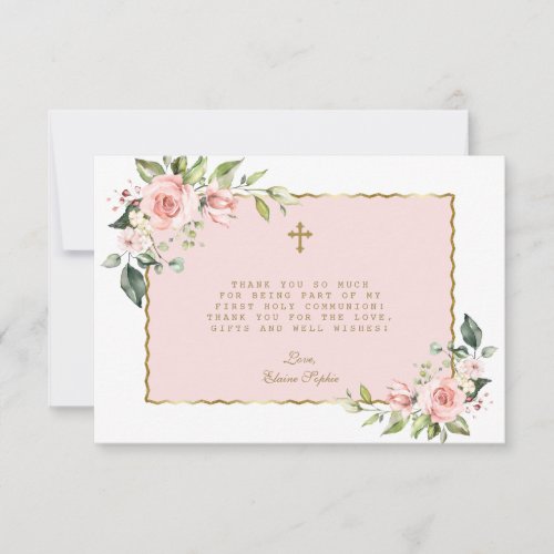 Pink Blush Flowers Gold Cross First Holy Communion Thank You Card