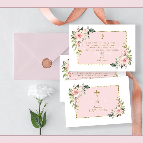 Pink Blush Flowers Gold Frame Cross Baptism Thank You Card