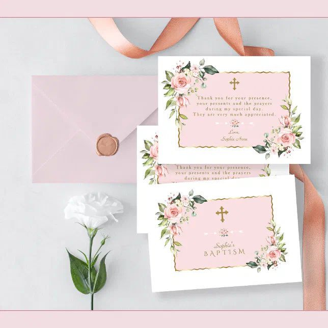Pink Blush Flowers Gold Frame Cross Baptism Thank You Card | Zazzle