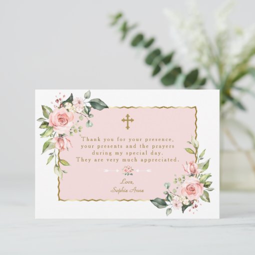 Pink Blush Flowers Gold Frame Cross Baptism Thank You Card | Zazzle