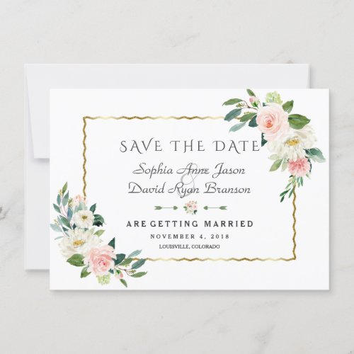 Pink Blush Flowers Gold Frame Navy Blue Wedding Save The Date