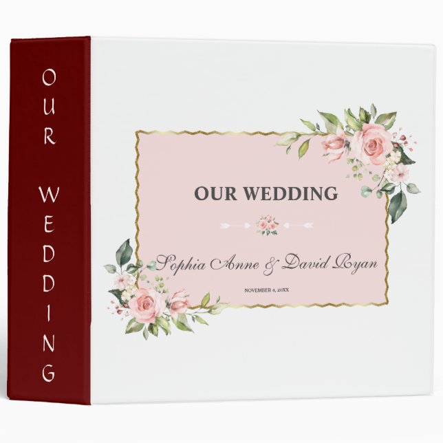 Pink Blush Flowers Gold Frame Wedding Album 3 Ring Binder (Front/Spine)