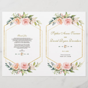 Pink Blush Flowers Gold Frame Wedding Program Flyer