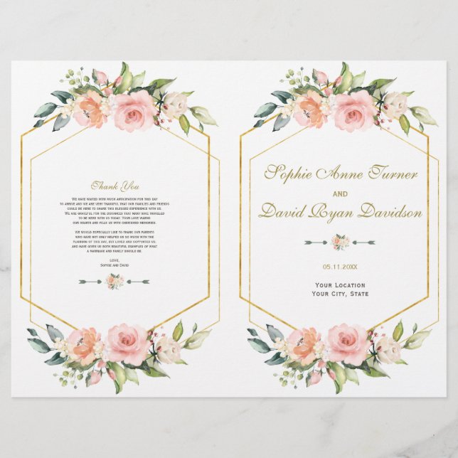 Pink Blush Flowers Gold Frame Wedding Program Flyer (Front)