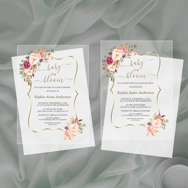 Pink Blush Flowers Gold Girl Baby Shower Acrylic Invitations (Creator Uploaded)