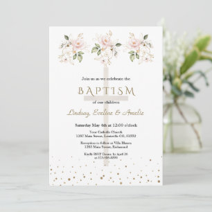 Pink Blush Flowers Gold Girls Triplets Baptism Invitation
