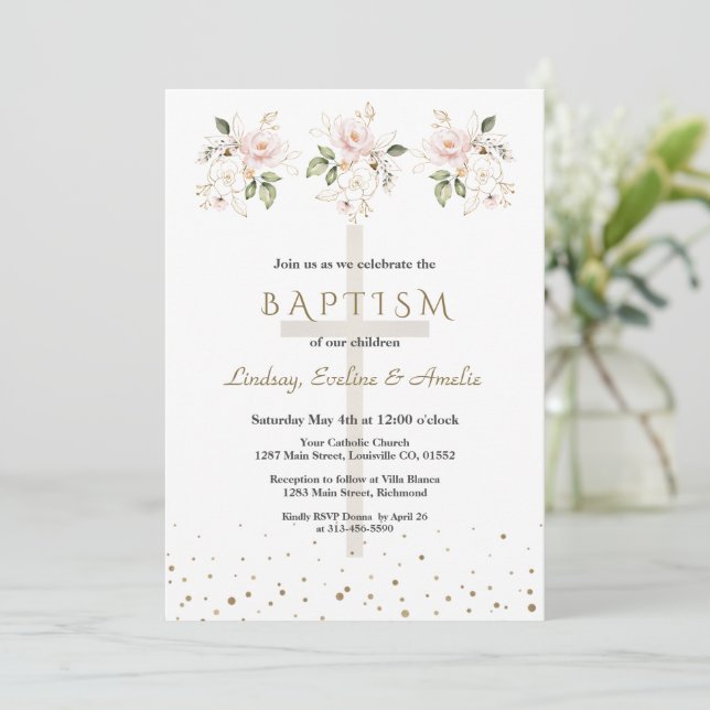 Pink Blush Flowers Gold Girls Triplets Baptism   Invitation (Standing Front)