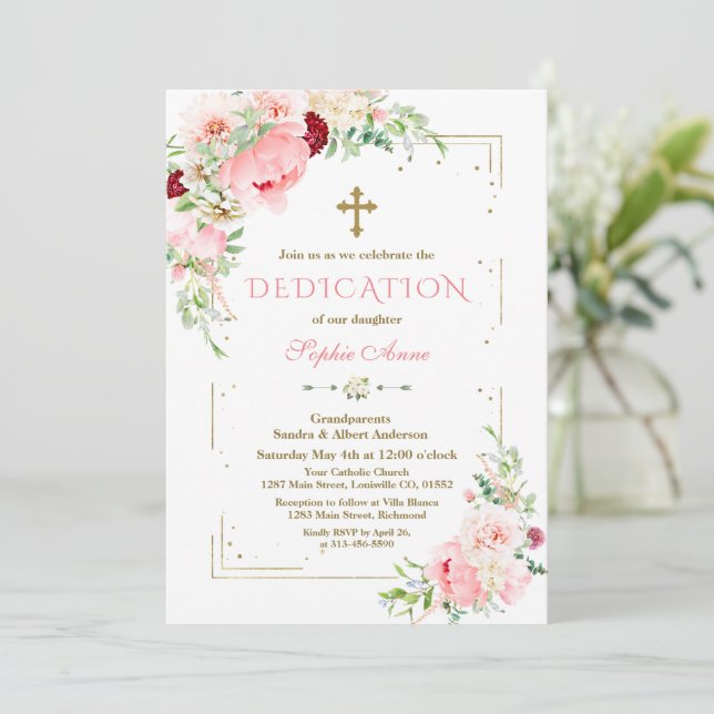 Pink Blush Flowers Gold Glitter Frame Dedication Invitation (Standing Front)