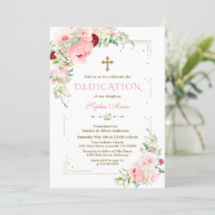Pink Blush Flowers Gold Glitter Frame Dedication Invitation