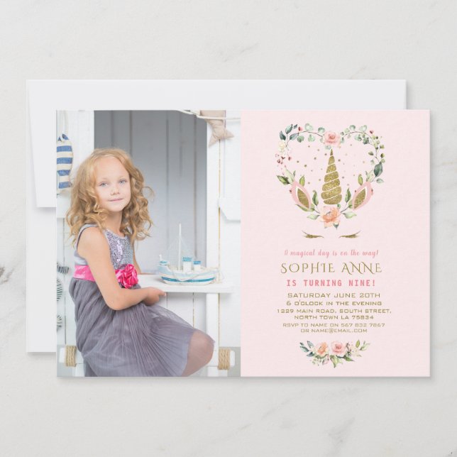 Pink Blush Flowers Gold Unicorn Photo Birthday Invitation (Front)
