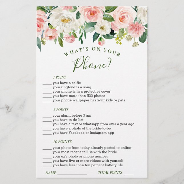 Pink Blush Flowers Greenery Bridal Shower Game (Front)
