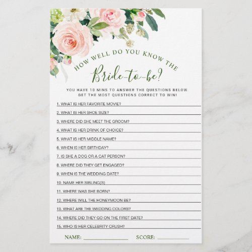 Pink Blush Flowers Greenery Bridal Shower Game