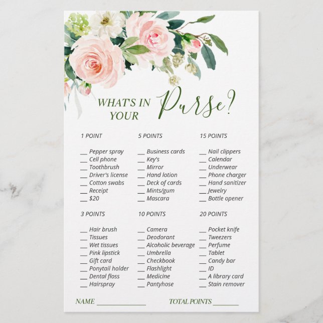 Pink Blush Flowers Greenery Bridal Shower Game (Front)