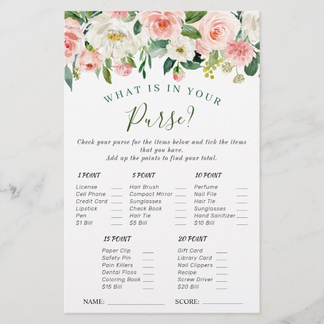 Pink Blush Flowers Greenery Bridal Shower Game (Front)