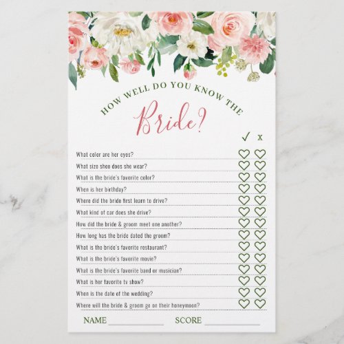 Pink Blush Flowers Greenery Bridal Shower Game